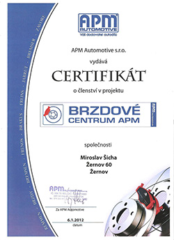 Certifikát brzdové centrum APM